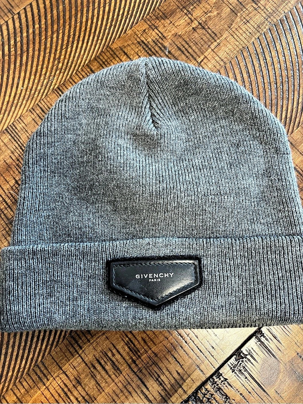 Givenchy Leather Logo Patch Ribbed Beanie Gray